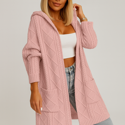 Asha | Lange cardigan met capuchon en kabelgebreid patroon