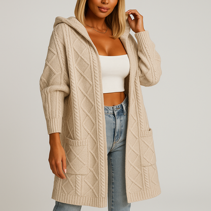 Asha | Lange cardigan met capuchon en kabelgebreid patroon